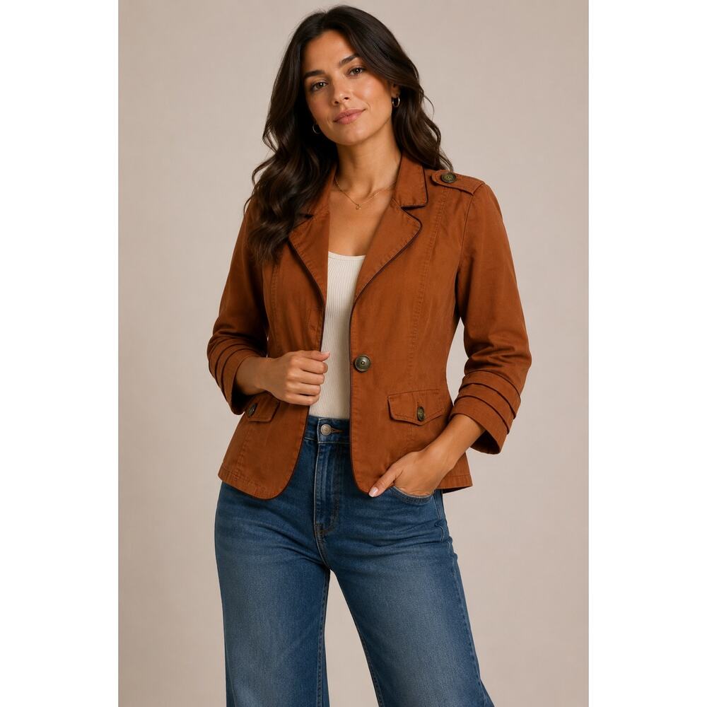 Ali & Kris Rust Military Style Cropped Jacket Sz M Button Front 3/4 Sleeve Y2K